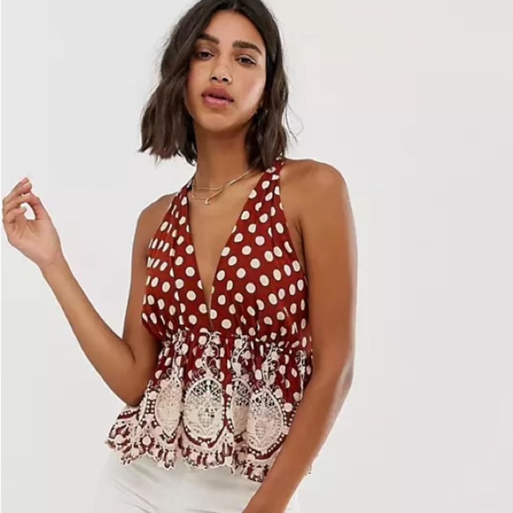 Free People polka dot lace top, color: brick red/brown size small